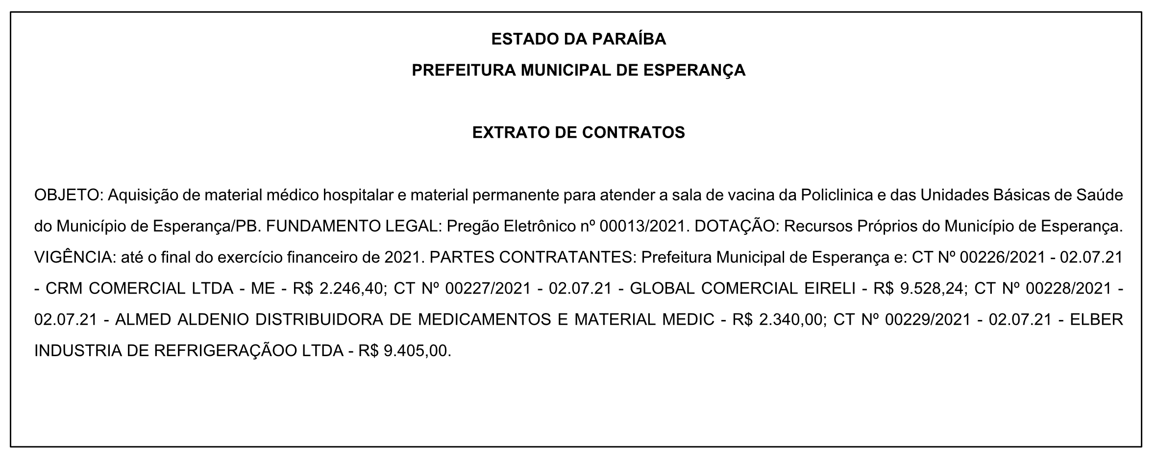 PREFEITURA MUNICIPAL DE ESPERANÇA – EXTRATO DE CONTRATOS