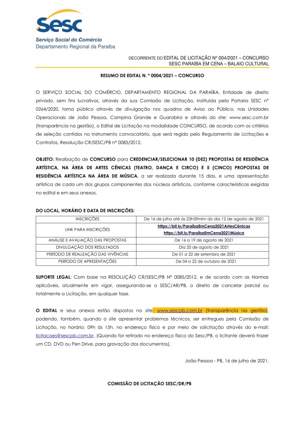 SESC – RESUMO DE EDITAL N.º 0004/2021 – CONCURSO