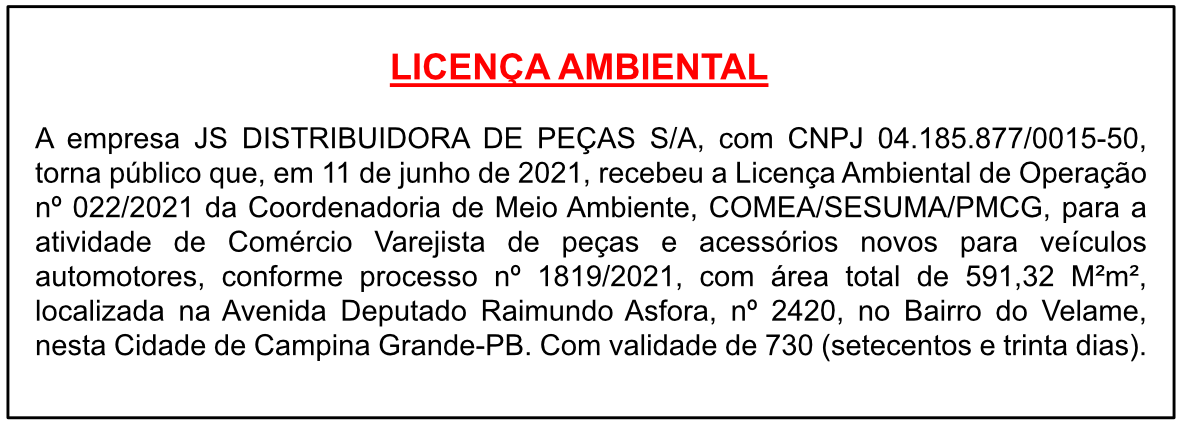JS DISTRIBUIDORA DE PEÇAS S/A – LICENÇA AMBIENTAL