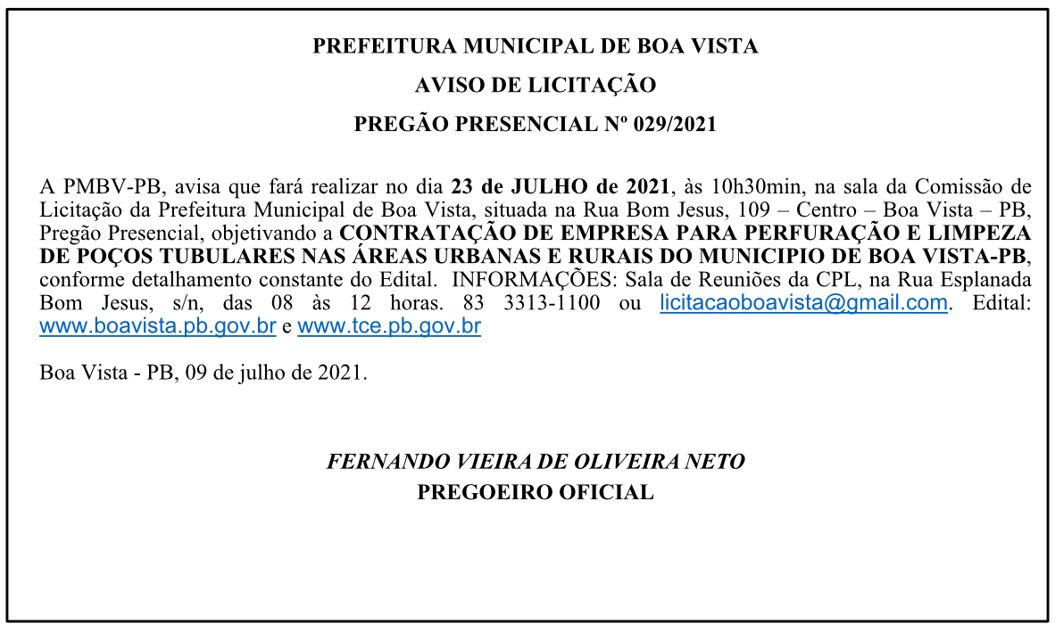 PREFEITURA MUNICIPAL DE BOA VISTA – AVISO DE LICITAÇÃO – PREGÃO PRESENCIAL Nº 029/2021