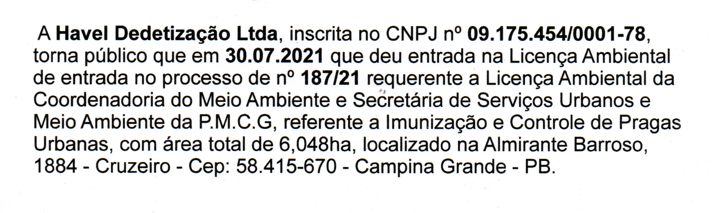 Havel Dedetização Ltda – Licença Ambiental