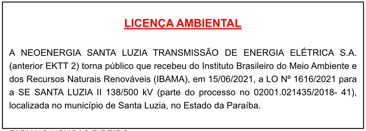 NEOENERGIA SANTA LUZIA TRANSMISSÃO DE ENERGIA ELÉTRICA S.A. – LICENÇA AMBIENTAL
