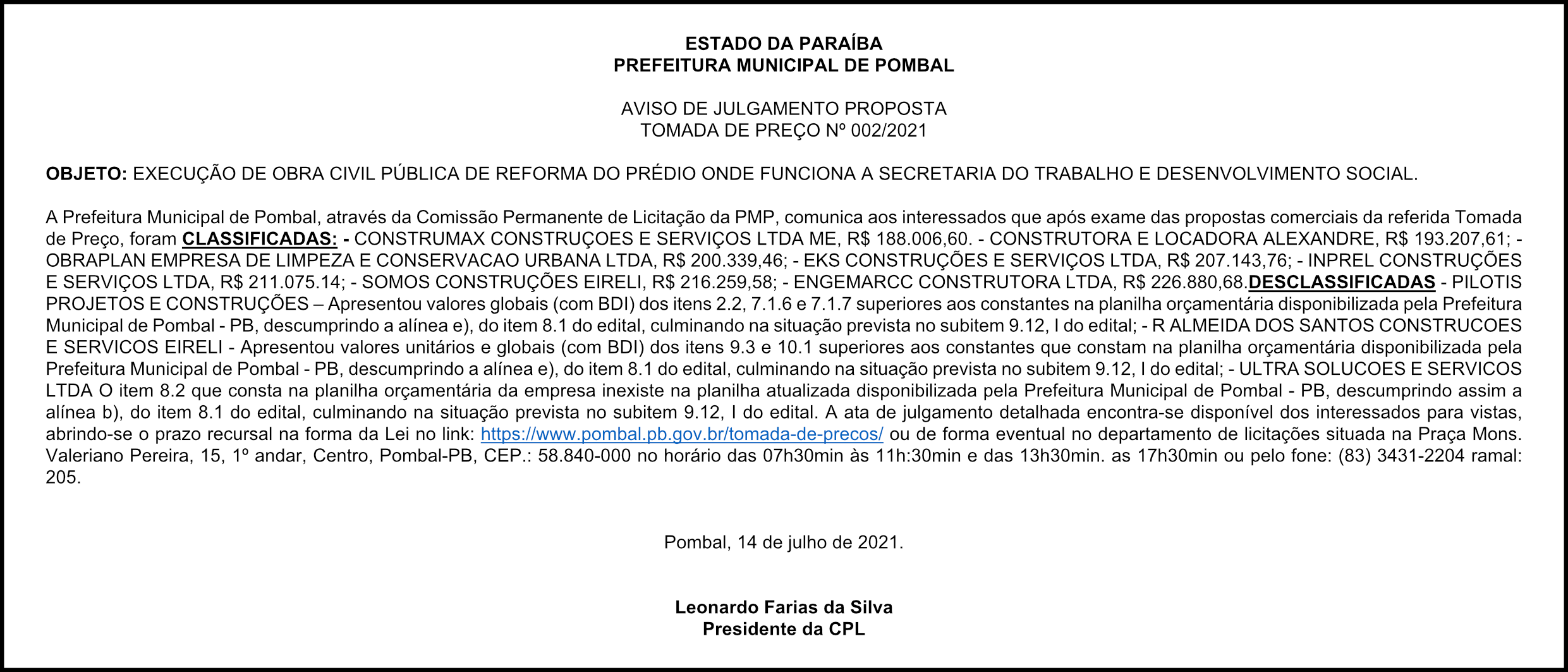 PREFEITURA MUNICIPAL DE POMBAL – AVISO DE JULGAMENTO – PROPOSTA – TOMADA DE PREÇO Nº 002/2021
