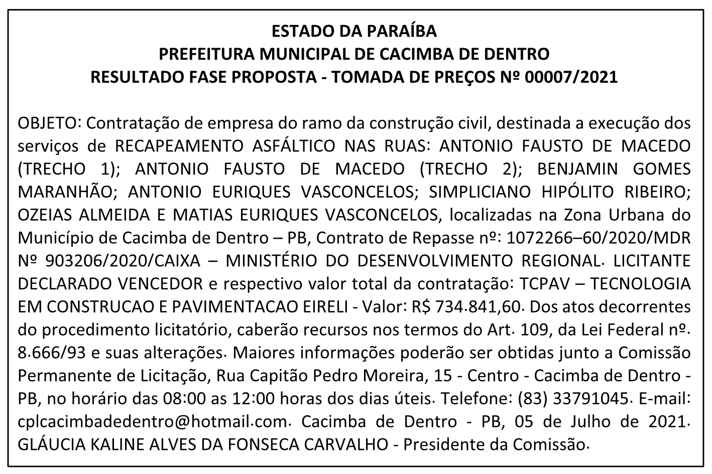 PREFEITURA MUNICIPAL DE CACIMBA DE DENTRO – RESULTADO FASE PROPOSTA – TOMADA DE PREÇOS Nº 00007/2021