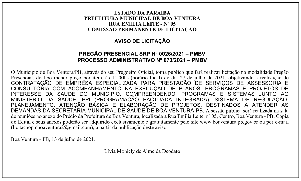 PREFEITURA MUNICIPAL DE BOA VENTURA – AVISO DE LICITAÇÃO – PREGÃO PRESENCIAL SRP N° 0026/2021 – PROCESSO ADMINISTRATIVO Nº 073/2021