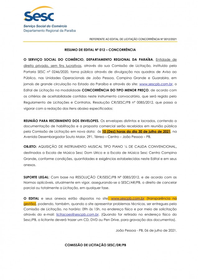 SESC – RESUMO DE EDITAL Nº 012 – CONCORRÊNCIA