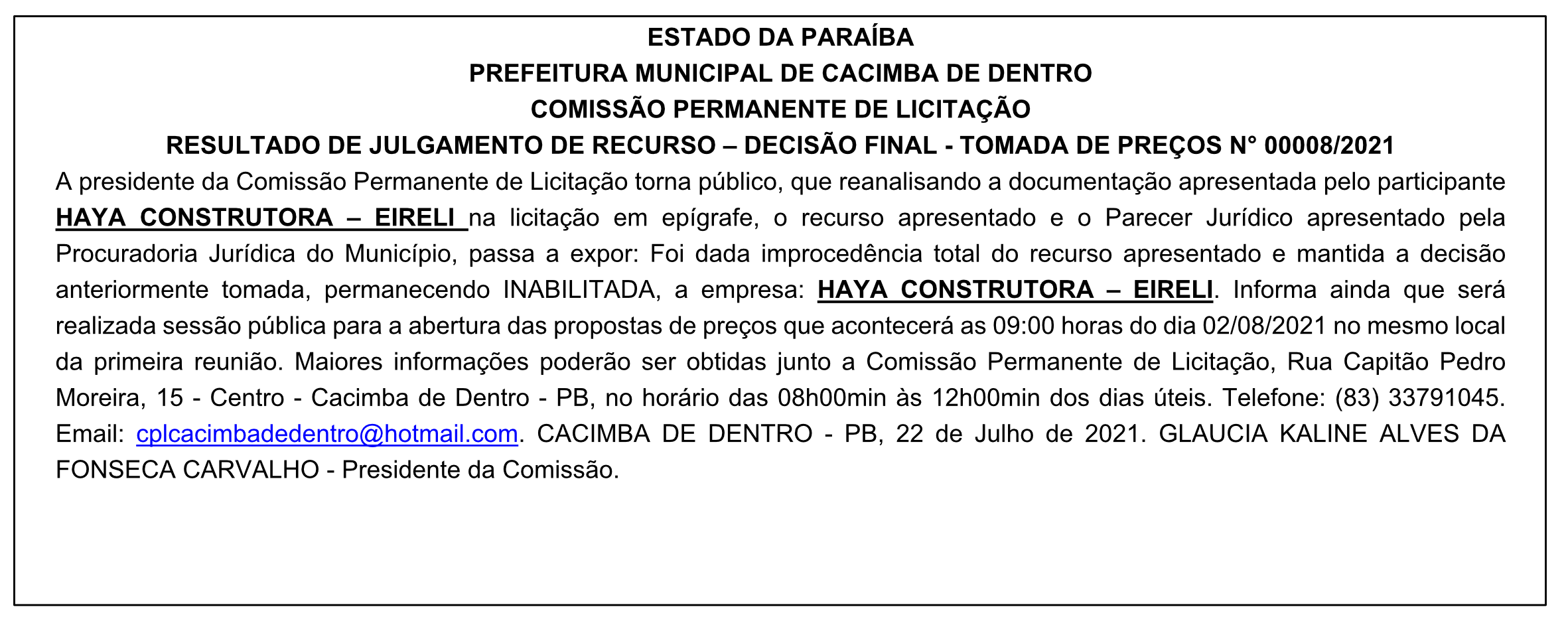 PREFEITURA MUNICIPAL DE CACIMBA DE DENTRO – RESULTADO DE JULGAMENTO DE RECURSO – DECISÃO FINAL – TOMADA DE PREÇOS N° 00008/2021