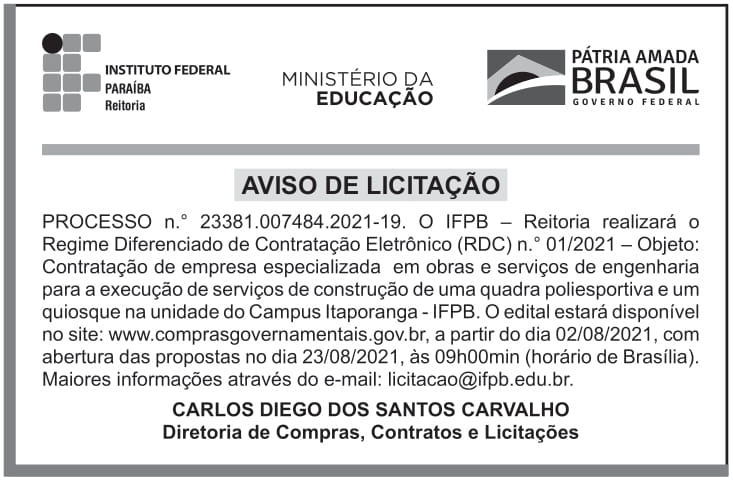 IFPB – PB – EDITAL – RDC ELETRÔNICO Nº 001/2021 – Campus Itaporanga