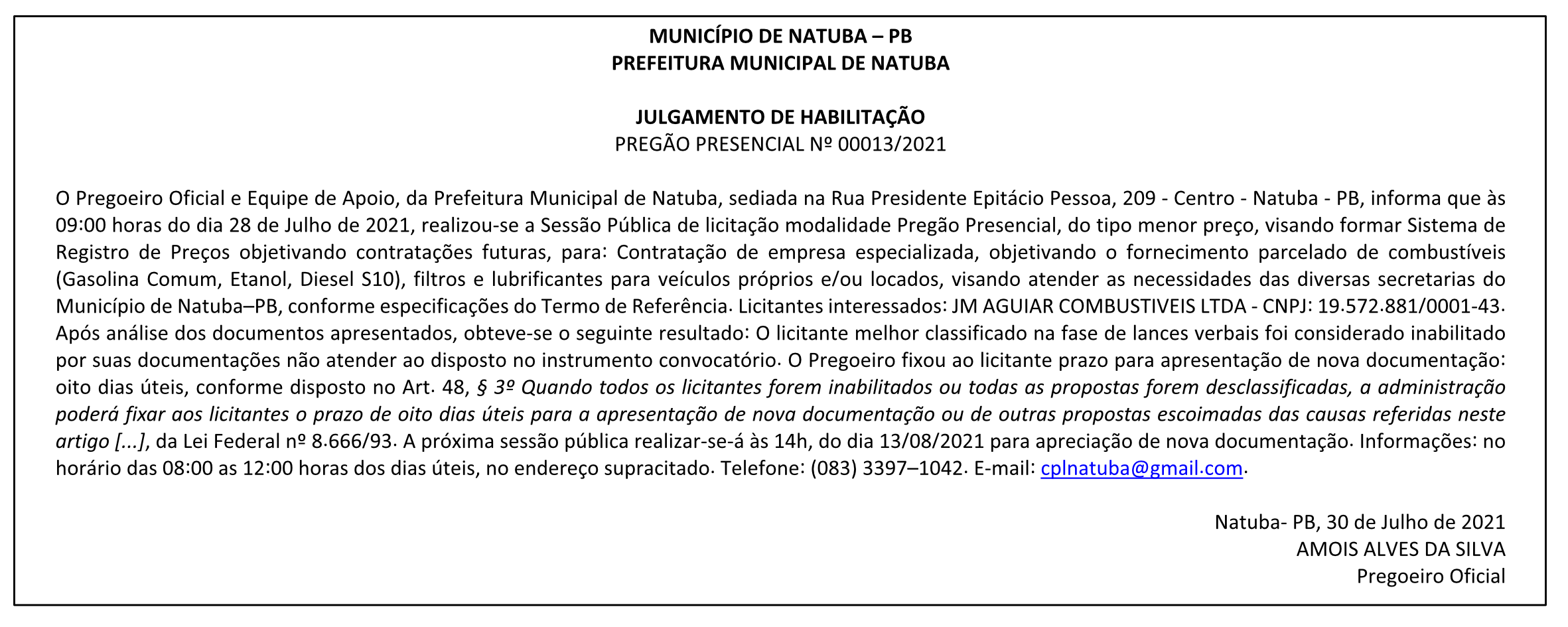 PREFEITURA MUNICIPAL DE NATUBA – JULGAMENTO DE HABILITAÇÃO – PREGÃO PRESENCIAL Nº 00013/2021