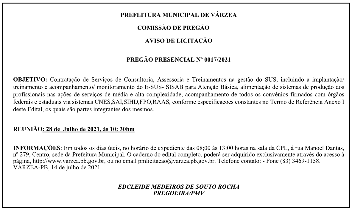 PREFEITURA MUNICIPAL DE VÁRZEA – COMISSÃO DE PREGÃO – AVISO DE LICITAÇÃO – PREGÃO PRESENCIAL Nº 0017/2021