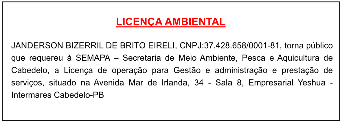 JANDERSON BIZERRIL DE BRITO EIRELI – LICENÇA AMBIENTAL