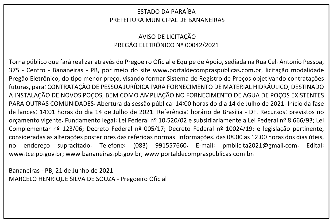PREFEITURA MUNICIPAL DE BANANEIRAS – AVISO DE LICITAÇÃO – PREGÃO ELETRÔNICO Nº 00042/2021