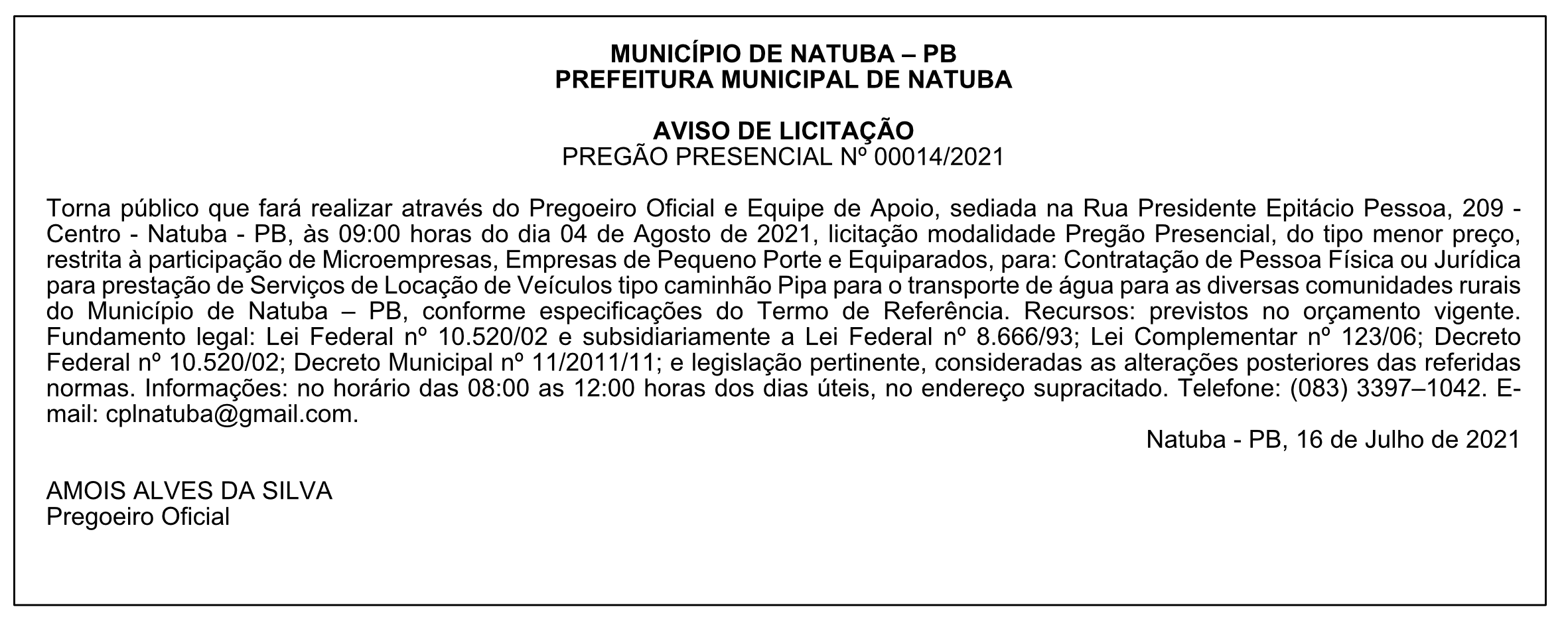 PREFEITURA MUNICIPAL DE NATUBA – AVISO DE LICITAÇÃO – PREGÃO PRESENCIAL Nº 00014/2021