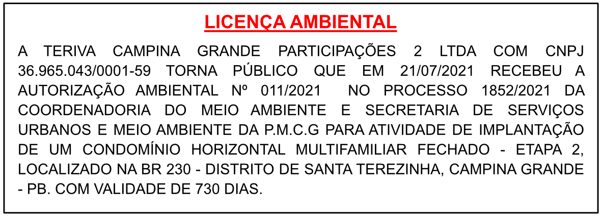 TERIVA CAMPINA GRANDE PARTICIPAÇÕES 2 LTDA – LICENÇA AMBIENTAL