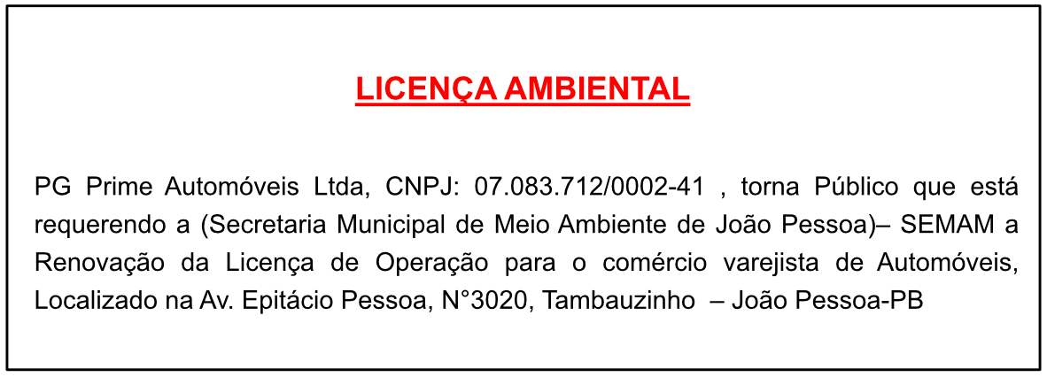 PG Prime Automóveis Ltda – Licença Ambiental