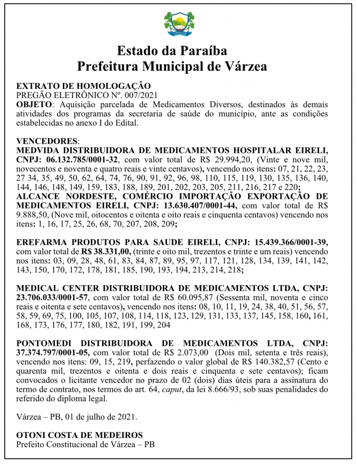 PREFEITURA MUNICIPAL DE VÁRZEA – EXTRATO DE HOMOLOGAÇÃO – PREGÃO ELETRÔNICO Nº 007/2021