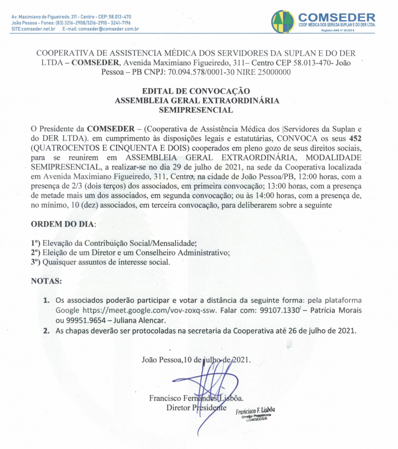 COMSEDER – Edital de Convocação de Assembleia Geral Extraordinária Semipresencial