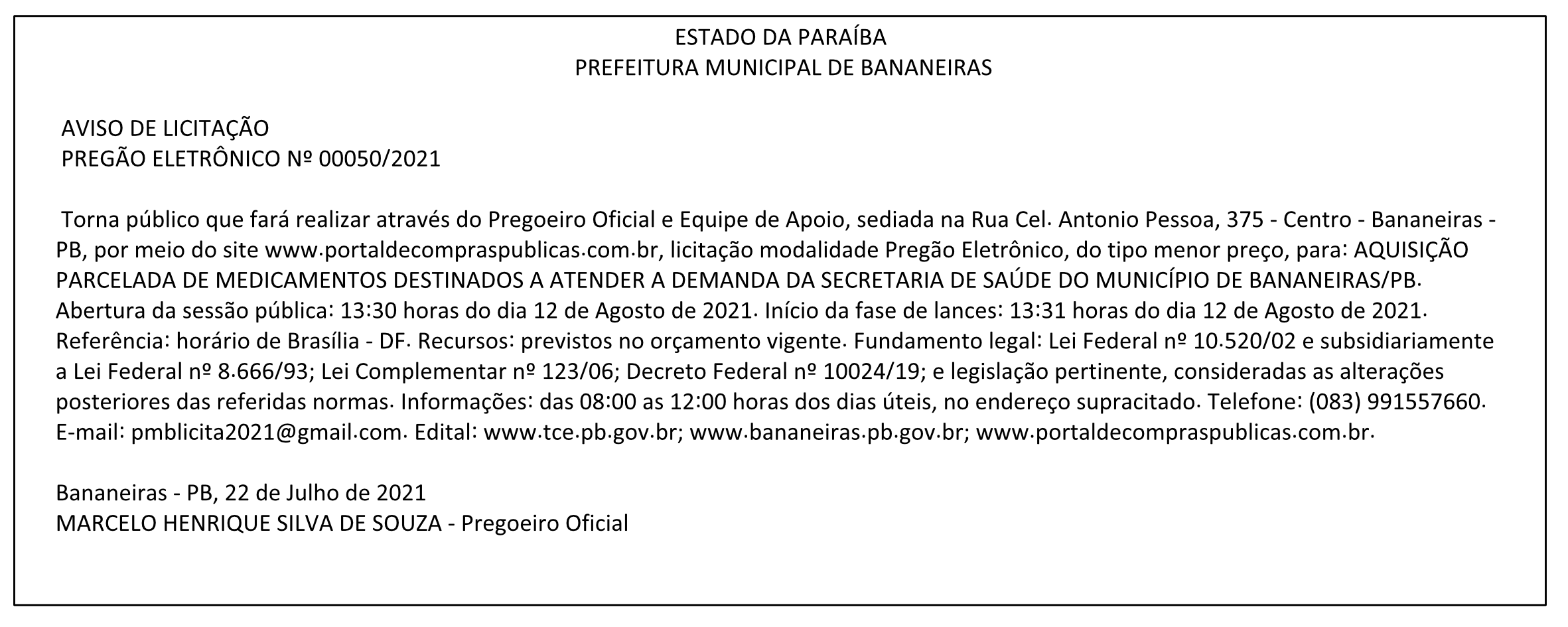 PREFEITURA MUNICIPAL DE BANANEIRAS – AVISO DE LICITAÇÃO – PREGÃO ELETRÔNICO Nº 00050/2021