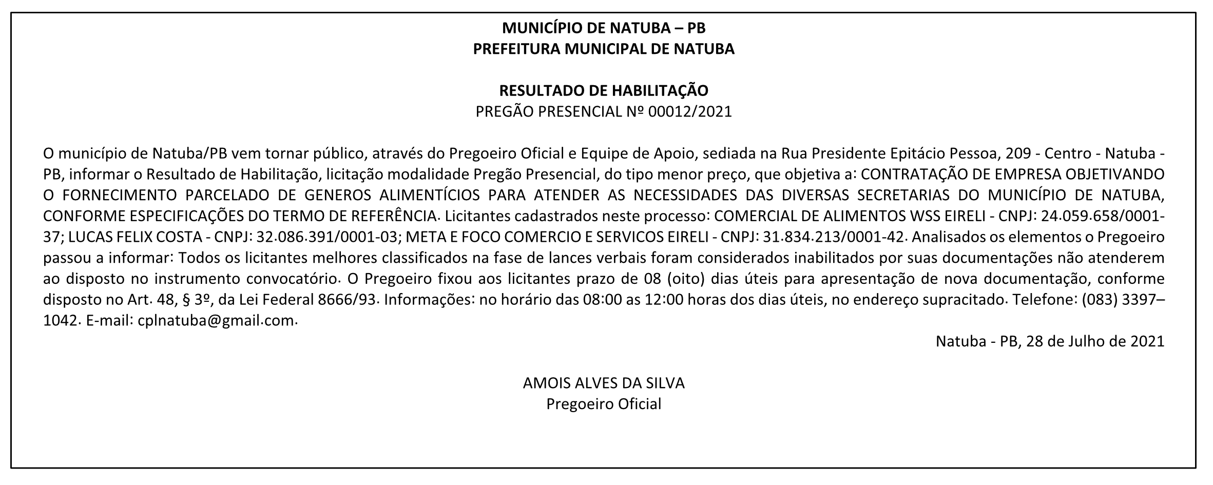 PREFEITURA MUNICIPAL DE NATUBA – RESULTADO DE HABILITAÇÃO – PREGÃO PRESENCIAL Nº 00012/2021