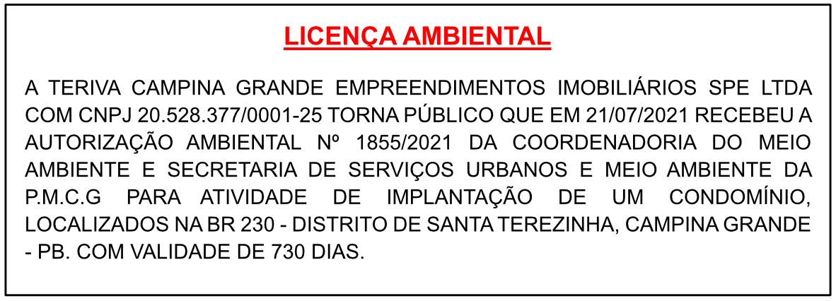 TERIVA CAMPINA GRANDE EMPREENDIMENTOS IMOBILIÁRIOS SPE LTDA – LICENÇA AMBIENTAL