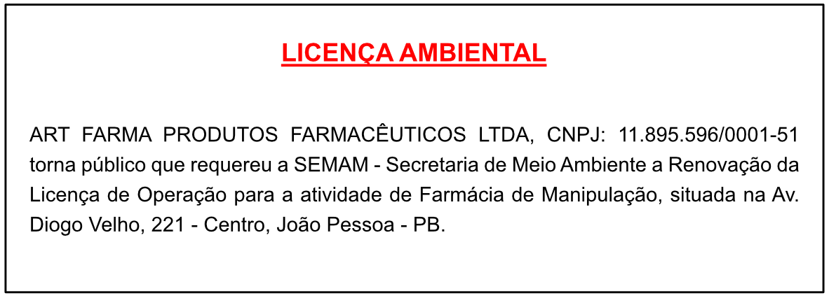 ART FARMA PRODUTOS FARMACÊUTICOS LTDA – LICENÇA AMBIENTAL