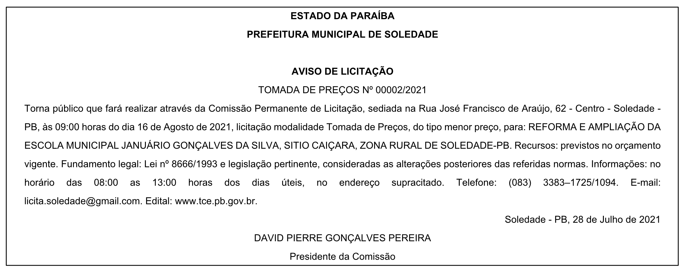 PREFEITURA MUNICIPAL DE SOLEDADE – AVISO DE LICITAÇÃO – TOMADA DE PREÇOS Nº 00002/2021