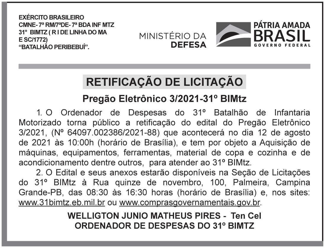 CMDO – 31º BIMTZ – PB – RETIFICAÇÃO DE LICITAÇÃO (Pregão Eletrônico 3/2021)