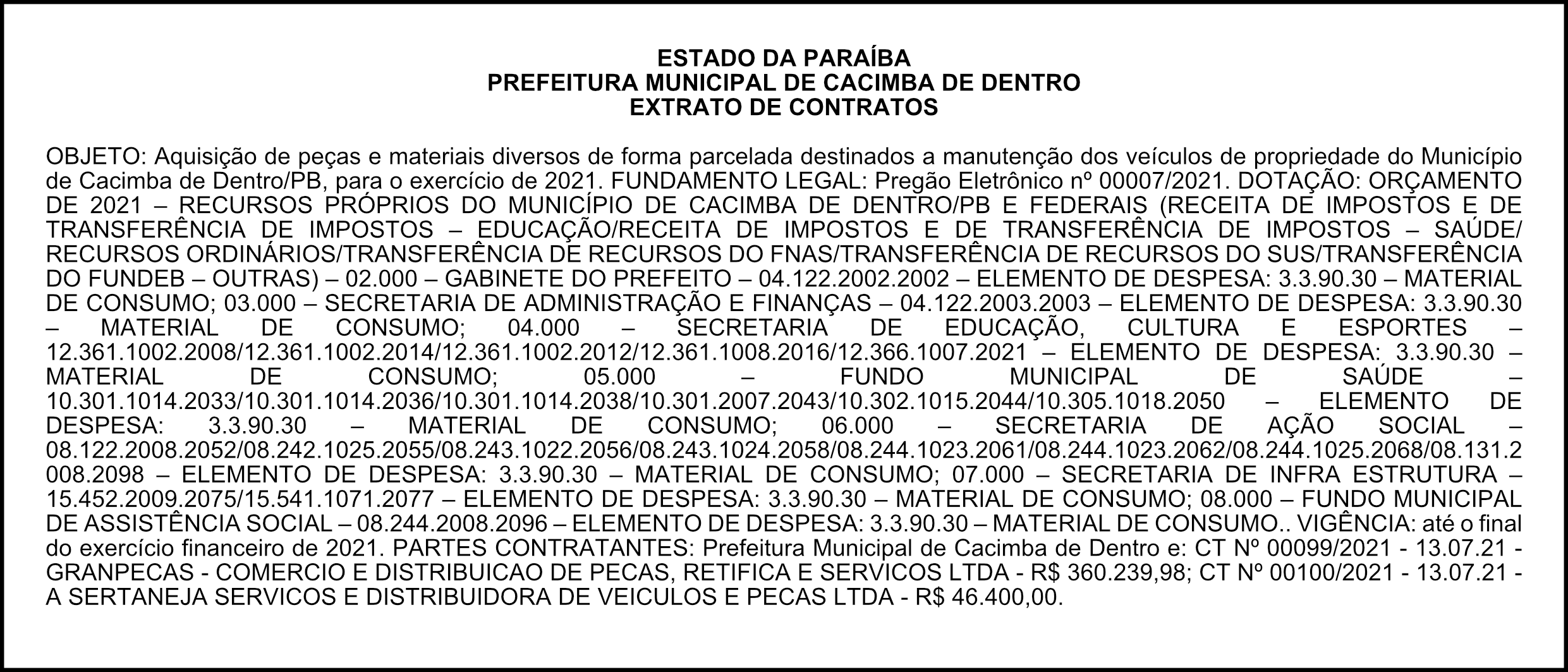 PREFEITURA MUNICIPAL DE CACIMBA DE DENTRO – EXTRATO DE CONTRATOS