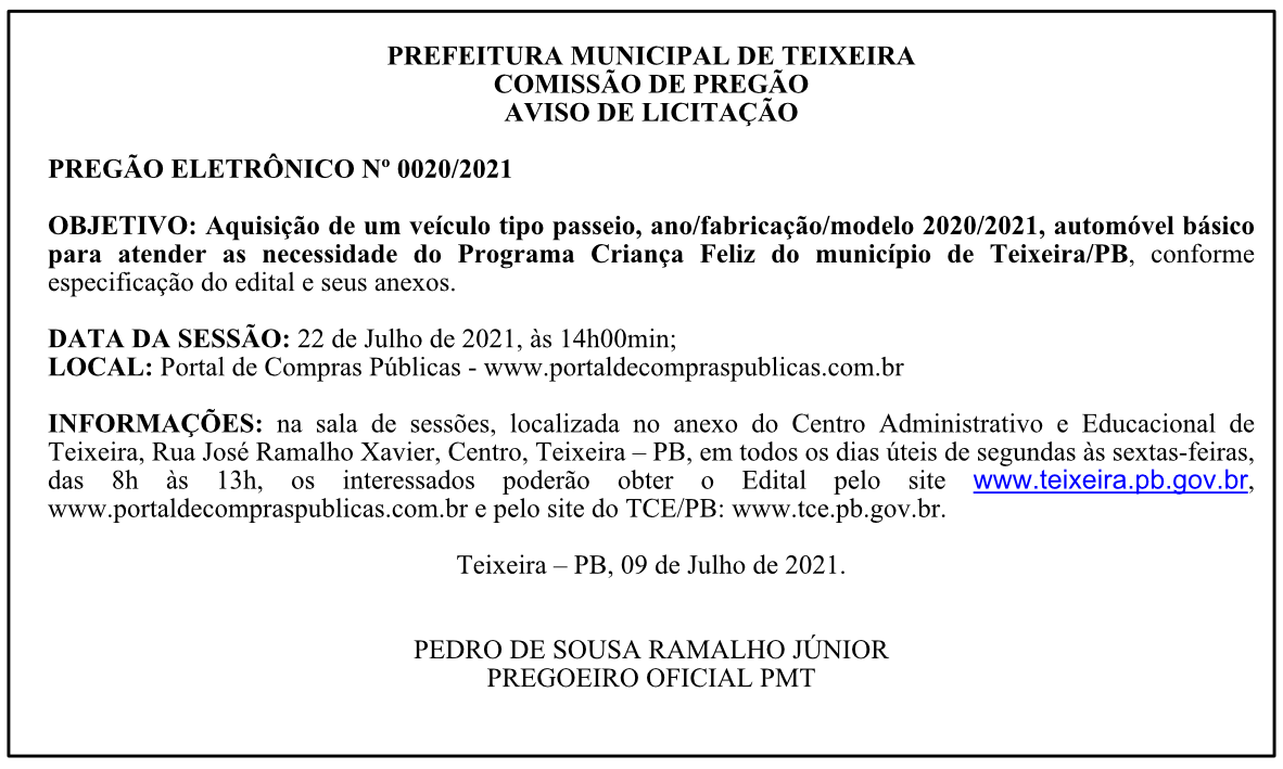 PREFEITURA MUNICIPAL DE TEIXEIRA – COMISSÃO DE PREGÃO – AVISO DE LICITAÇÃO – PREGÃO ELETRÔNICO Nº 0020/2021