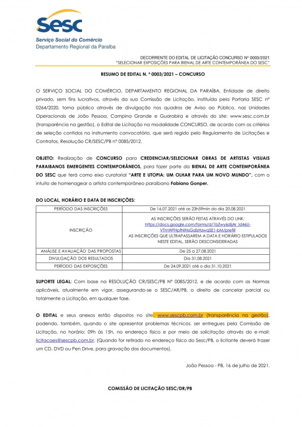 SESC – RESUMO DE EDITAL N.º 0003/2021 – CONCURSO