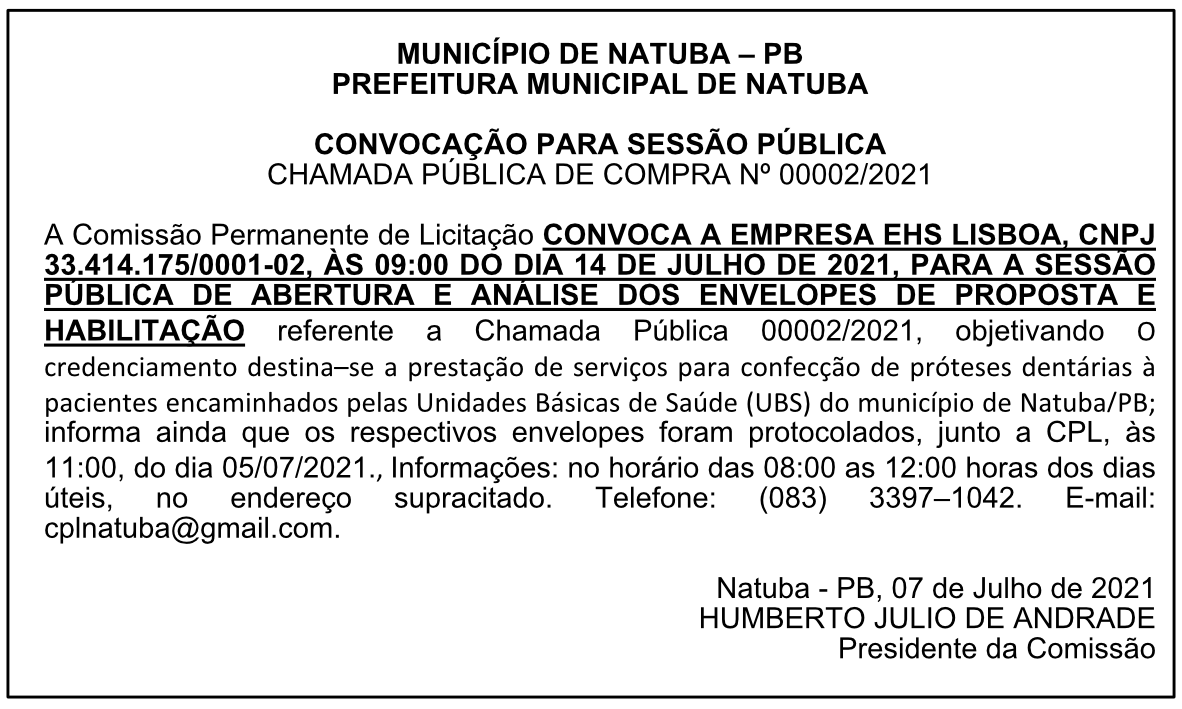 PREFEITURA MUNICIPAL DE NATUBA – CONVOCAÇÃO PARA SESSÃO PÚBLICA – CHAMADA PÚBLICA DE COMPRA Nº 00002/2021