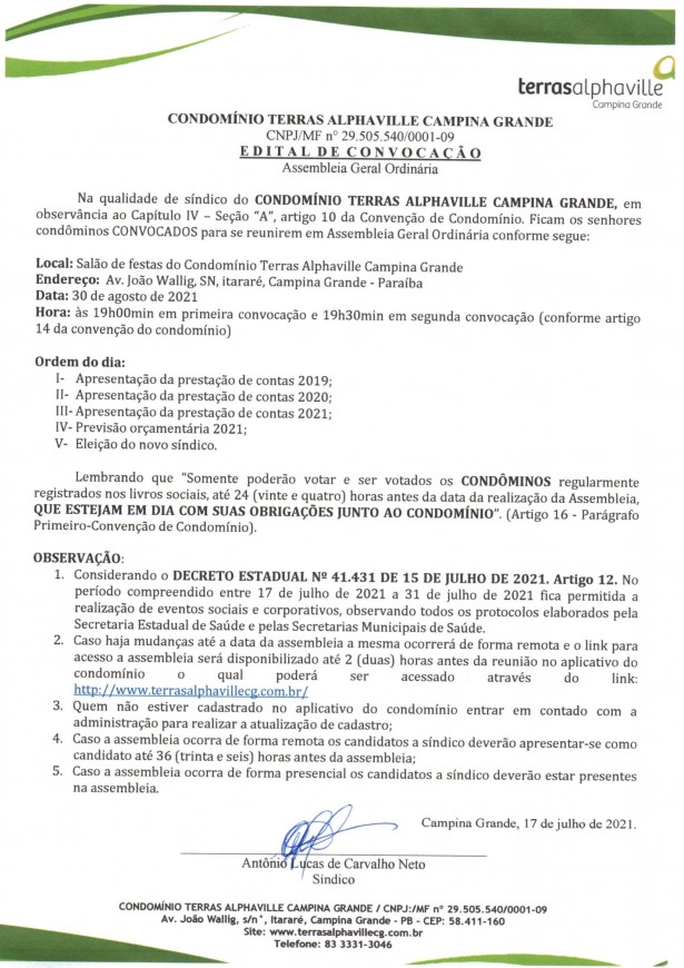 Condomínio Terras Alphaville Campina Grande – Edital de Convocação – Assembleia Geral Extra Ordinária