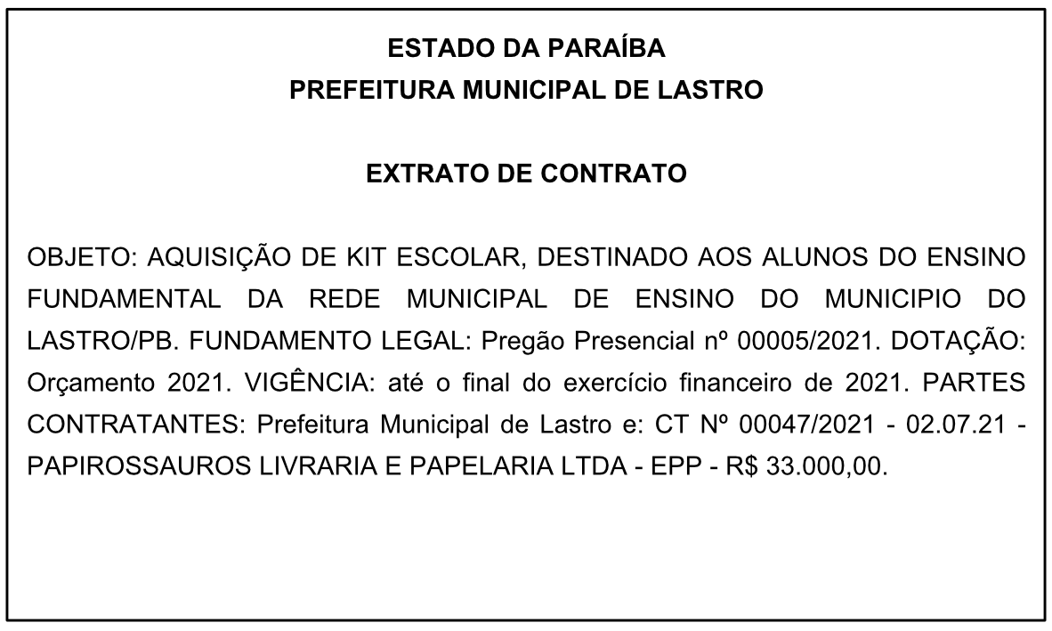 PREFEITURA MUNICIPAL DE LASTRO – EXTRATO DE CONTRATO