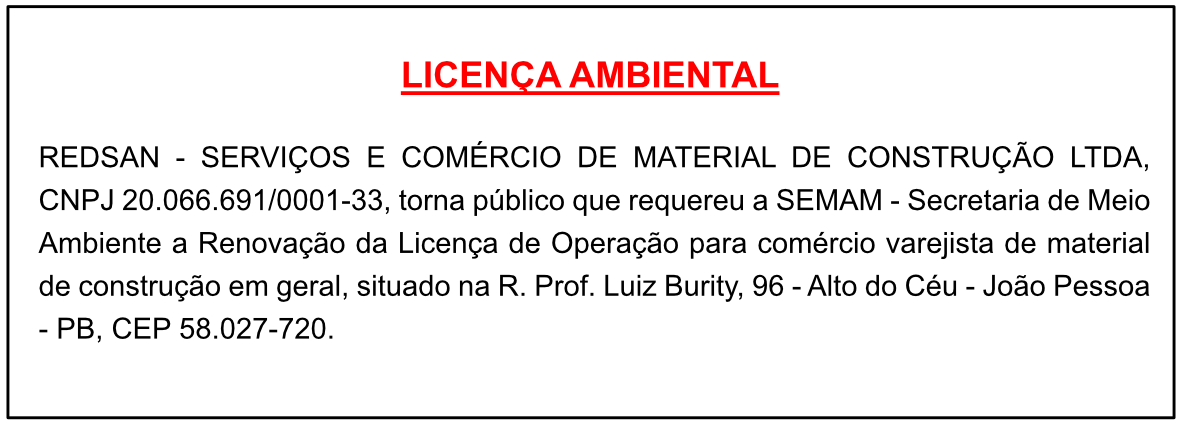 REDSAN – SERVIÇOS E COMÉRCIO DE MATERIAL DE CONSTRUÇÃO LTDA – LICENÇA AMBIENTAL