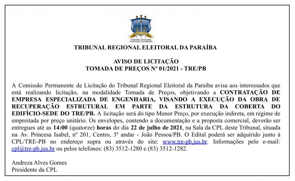 TRE/PB – AVISO DE LICITAÇÃO – TOMADA DE PREÇOS Nº 01/2021