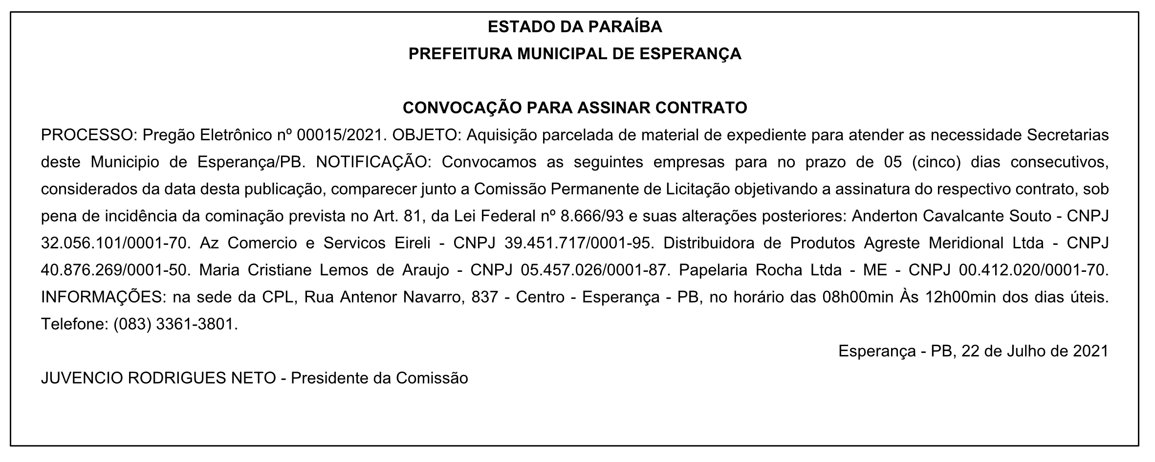 PREFEITURA MUNICIPAL DE ESPERANÇA – CONVOCAÇÃO PARA ASSINAR CONTRATO