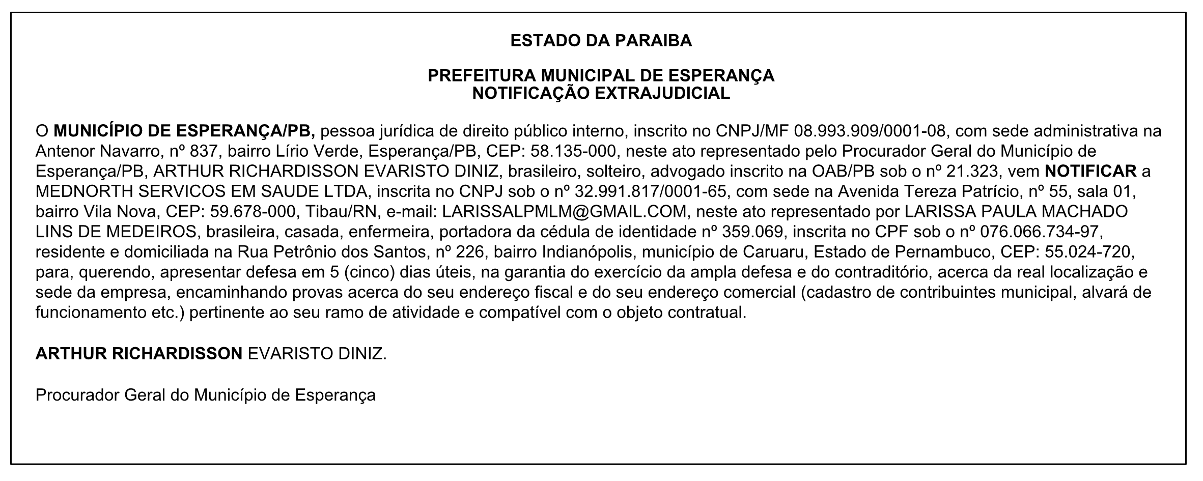 PREFEITURA MUNICIPAL DE ESPERANÇA – NOTIFICAÇÃO EXTRAJUDICIAL