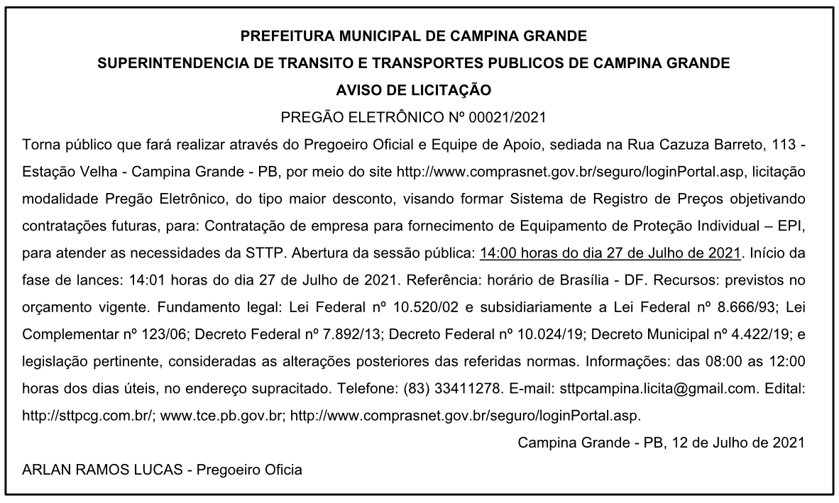 STTP – AVISO DE LICITAÇÃO – PREGÃO ELETRÔNICO Nº 00021/2021