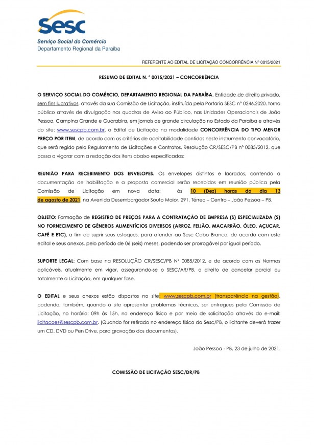 SESC – RESUMO DE EDITAL N. º 0015/2021 – CONCORRÊNCIA