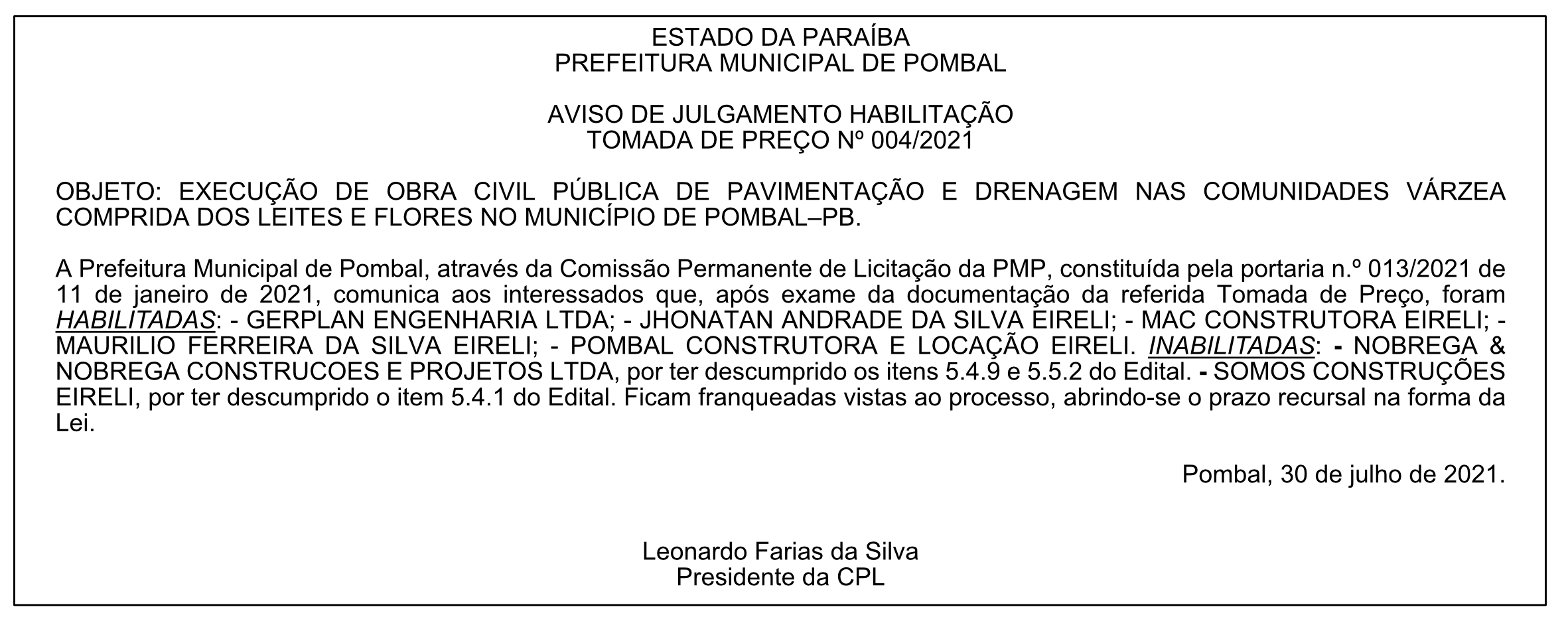 PREFEITURA MUNICIPAL DE POMBAL – AVISO DE JULGAMENTO – HABILITAÇÃO – TOMADA DE PREÇO Nº 004/2021