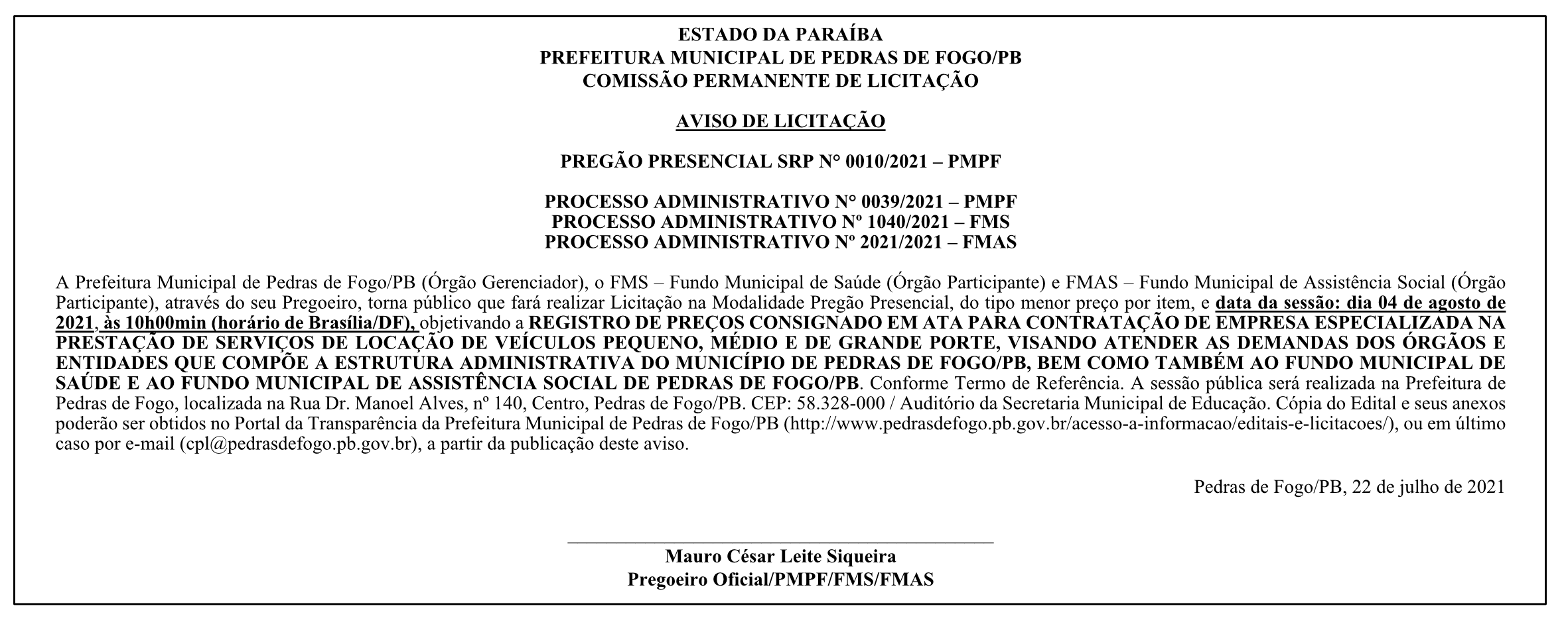 PREFEITURA MUNICIPAL DE PEDRAS DE FOGO -AVISO DE LICITAÇÃO