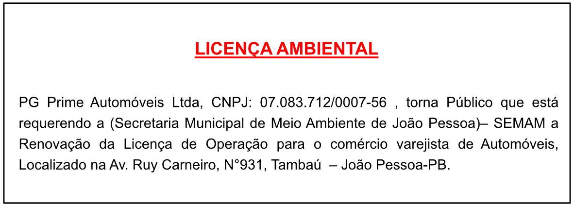 PG Prime Automóveis Ltda – Licença Ambiental