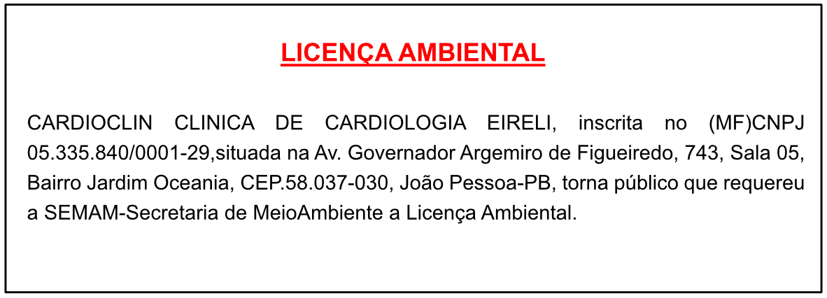 CARDIOCLIN CLINICA DE CARDIOLOGIA EIRELI – LICENÇA AMBIENTAL