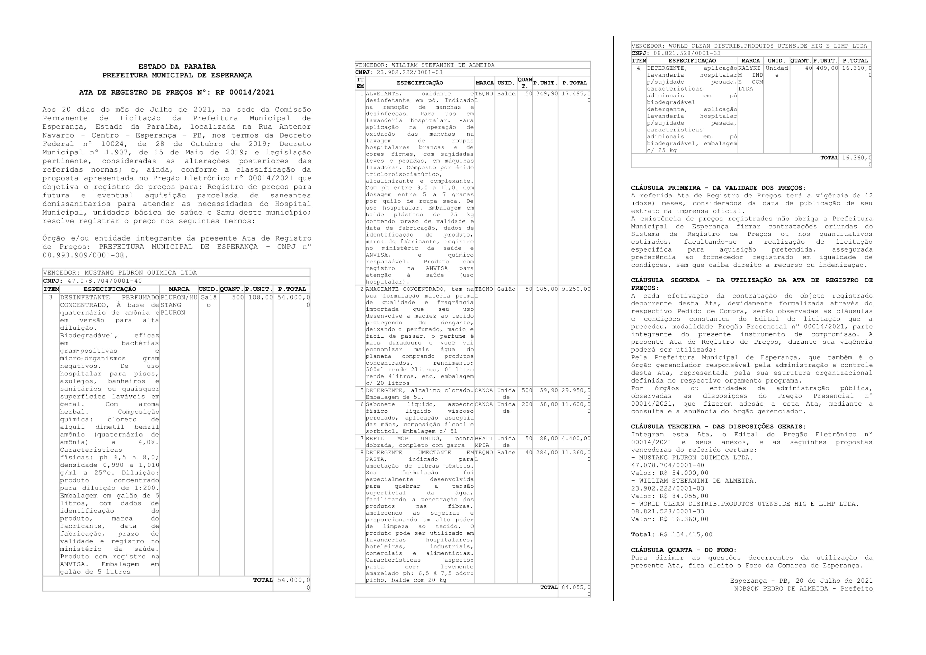 PREFEITURA MUNICIPAL DE ESPERANÇA – ATA DE REGISTRO DE PREÇOS Nº: RP 00014/2021