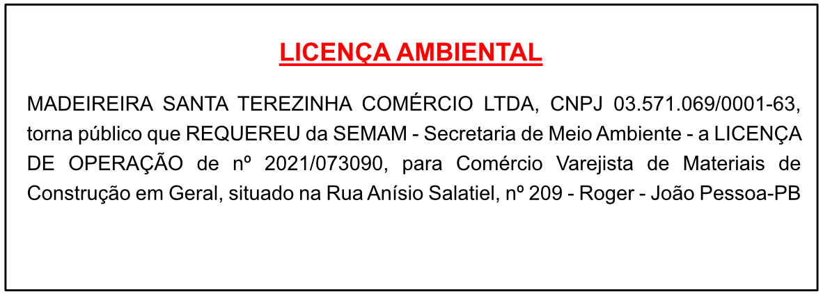 MADEIREIRA SANTA TEREZINHA COMÉRCIO LTDA – LICENÇA AMBIENTAL