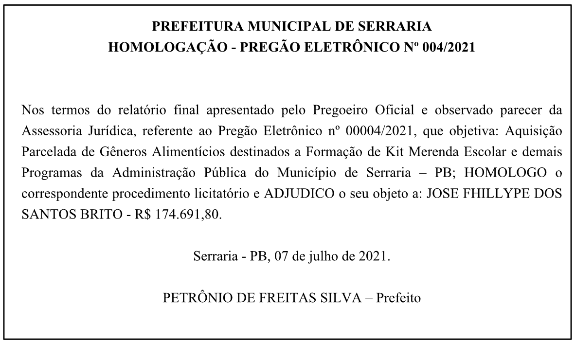 PREFEITURA MUNICIPAL DE SERRARIA – HOMOLOGAÇÃO – PREGÃO ELETRÔNICO Nº 004/2021