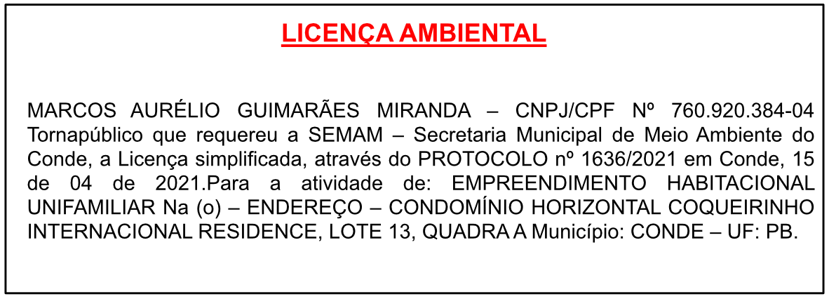 MARCOS AURÉLIO GUIMARÃES MIRANDA – LICENÇA AMBIENTAL