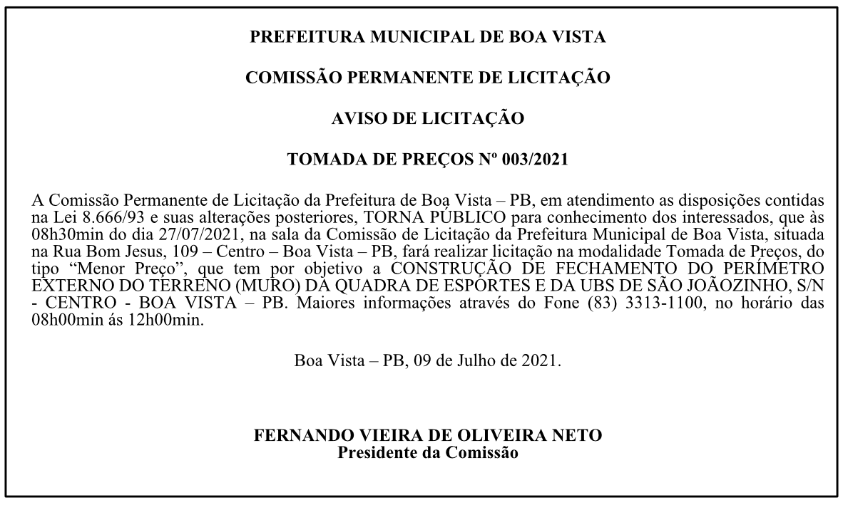 PREFEITURA MUNICIPAL DE BOA VISTA – COMISSÃO PERMANENTE DE LICITAÇÃO – AVISO DE LICITAÇÃO – TOMADA DE PREÇOS Nº 003/2021