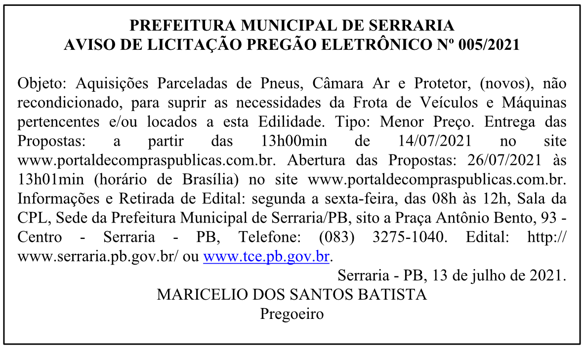 PREFEITURA MUNICIPAL DE SERRARIA – AVISO DE LICITAÇÃO – PREGÃO ELETRÔNICO Nº 005/2021