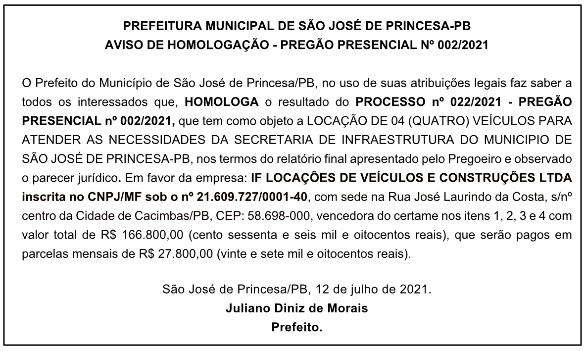 PREFEITURA MUNICIPAL DE SÃO JOSÉ DE PRINCESA – AVISO DE HOMOLOGAÇÃO – PREGÃO PRESENCIAL Nº 002/2021